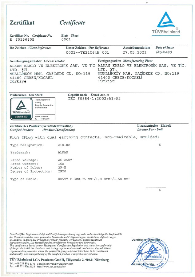 ALK 02 FİŞLİ KABLO TÜV R 60156805 001